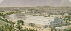 パブのケンジントンガーデンズから見た、全世界の産業宮殿の航空写真。 1851年、アッカーマン 作： Charles Burton